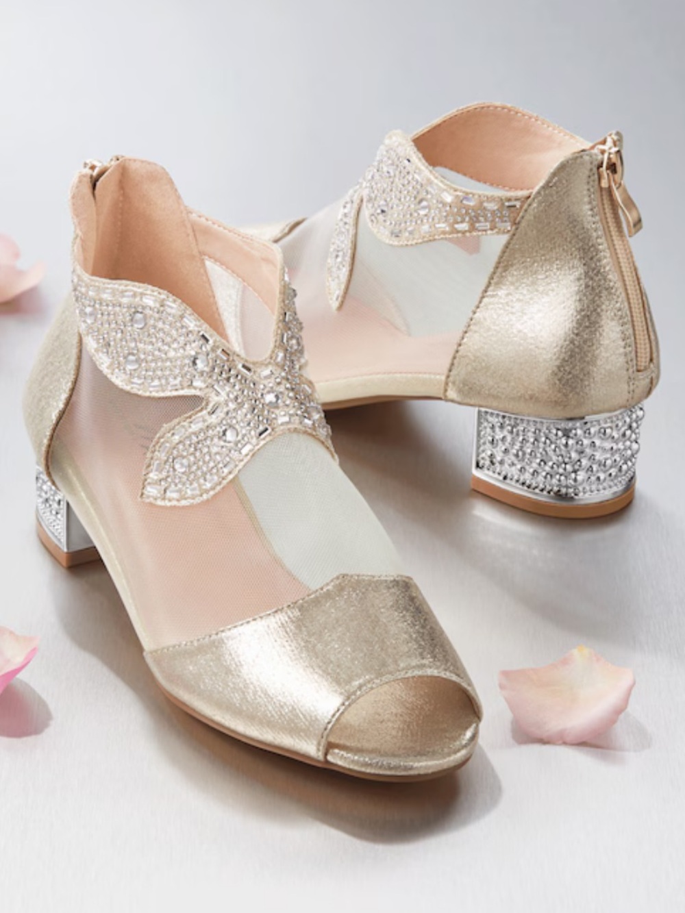 New Midnight velvet Gold Embellished Mesh Peep-Toe Heels